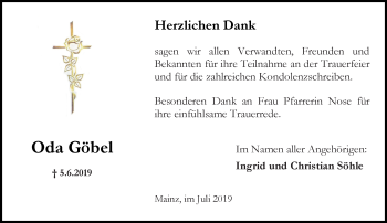 Traueranzeige von Oda Göbel von vrm-trauer