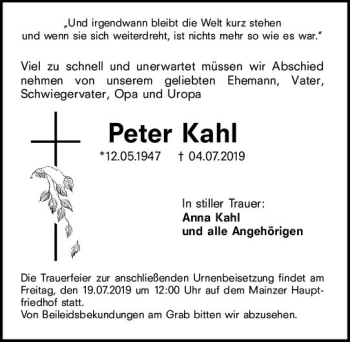 Traueranzeige von Peter Kahl von vrm-trauer