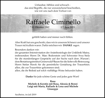 Traueranzeige von Raffaele Cimmello von vrm-trauer