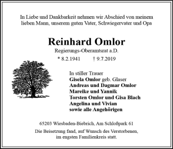 Traueranzeige von Reinhard Omlor von vrm-trauer