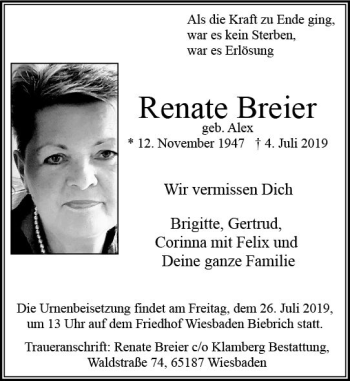 Traueranzeige von Renate Breier von vrm-trauer