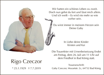 Traueranzeige von Rigo Czeczor von vrm-trauer