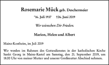Traueranzeige von Rosemarie Mück von vrm-trauer