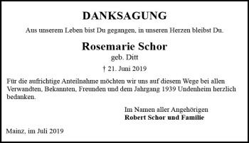 Traueranzeige von Rosemarie Schor von vrm-trauer