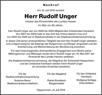 Traueranzeige von Rudolf Unger von vrm-trauer