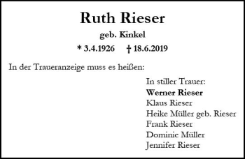 Traueranzeige von Ruth Rieser von vrm-trauer