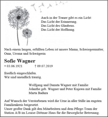 Traueranzeige von Sofie Wagner von vrm-trauer