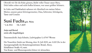 Traueranzeige von Susi Fuchs von vrm-trauer