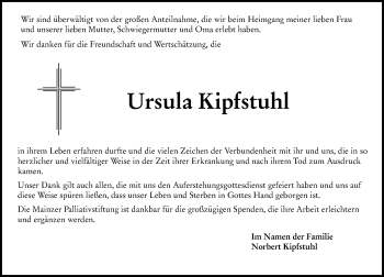 Traueranzeige von Ursula Kipfstuhl von vrm-trauer