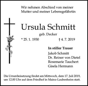 Traueranzeige von Ursula Schmitt von vrm-trauer