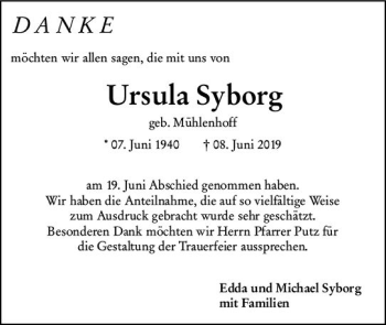 Traueranzeige von Ursula Syborg von vrm-trauer