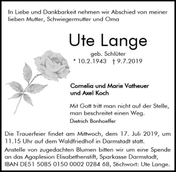 Traueranzeige von Ute Lange von vrm-trauer