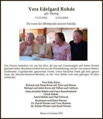 Traueranzeige von Vera Edelgard Rohde von vrm-trauer