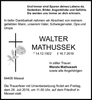 Traueranzeige von Walter Mathussek von vrm-trauer