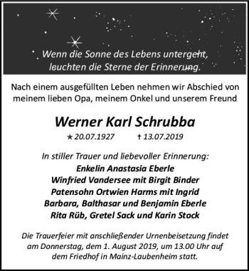 Traueranzeige von Werner Karl Schrubba von vrm-trauer