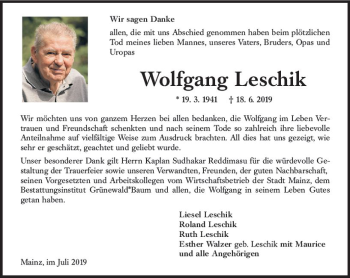 Traueranzeige von Wolfgang Leschik von vrm-trauer