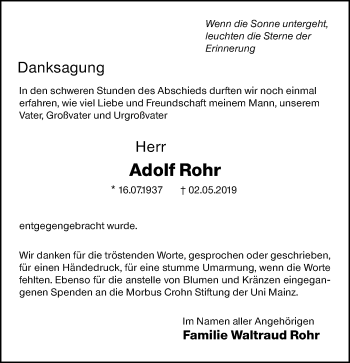 Traueranzeige von Adolf Rohr von vrm-trauer