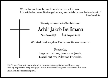 Traueranzeige von Adolf Jakob Beißmann von vrm-trauer