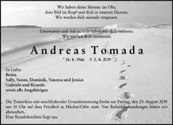 Traueranzeige von Andreas Tomada von vrm-trauer