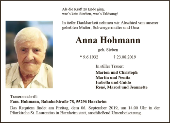 Traueranzeige von Anna Hohmann von vrm-trauer