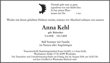 Traueranzeige von Anna Kehl von vrm-trauer
