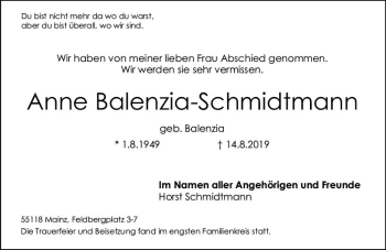 Traueranzeige von Anne Balenzia-Schmidtmann von vrm-trauer