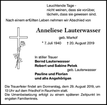 Traueranzeige von Anneliese Lauterwasser von vrm-trauer