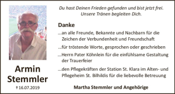 Traueranzeige von Armin Stemmler von vrm-trauer