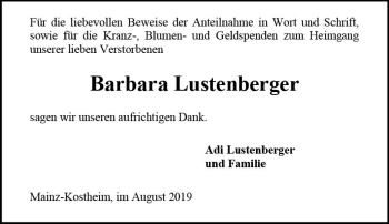 Traueranzeige von Barbara Lustenberger von vrm-trauer
