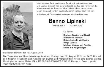 Traueranzeige von Benno Lipinski von vrm-trauer