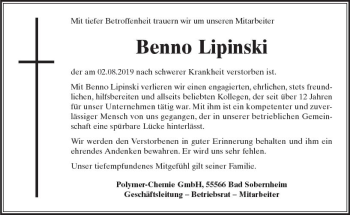 Traueranzeige von Benno Lipinski von vrm-trauer