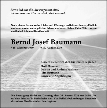 Traueranzeige von Bernd Josef Baumann von vrm-trauer