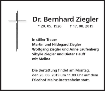 Traueranzeige von Bernhard Ziegler von vrm-trauer