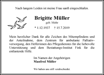 Traueranzeige von Brigitte Müller von vrm-trauer
