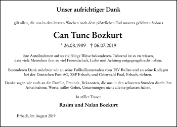 Traueranzeige von Can Tunc Bozkurt von vrm-trauer