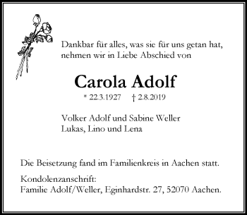 Traueranzeige von Carola Adolf von vrm-trauer