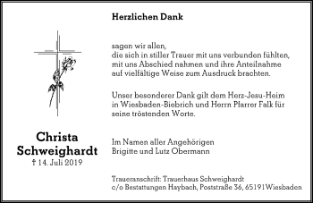 Traueranzeige von Christa Schweighardt von vrm-trauer