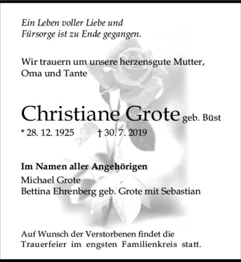 Traueranzeige von Christiane Grote von vrm-trauer