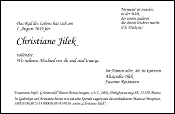 Traueranzeige von Christiane Jilek von vrm-trauer