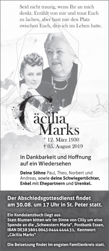 Traueranzeige von Cäcilia Marks von vrm-trauer