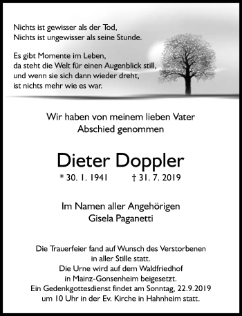 Traueranzeige von Dieter Doppler von vrm-trauer