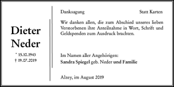 Traueranzeige von Dieter Neder von vrm-trauer
