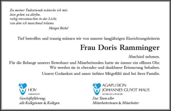 Traueranzeige von Doris Ramminger von vrm-trauer
