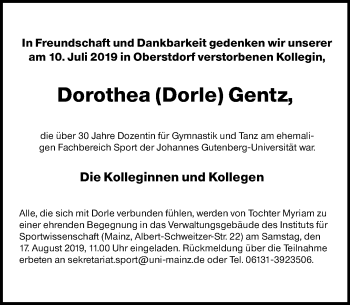 Traueranzeige von Dorothea Gentz von vrm-trauer