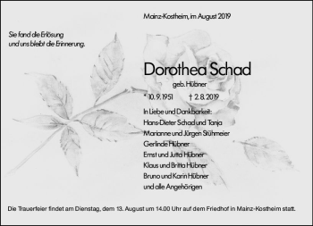 Traueranzeige von Dorothea Schad von vrm-trauer