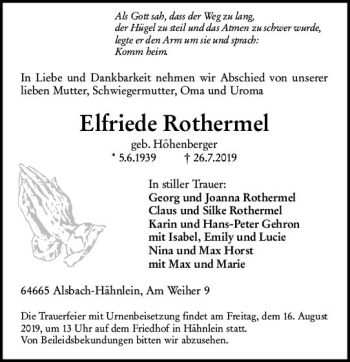 Traueranzeige von Elfriede Rothermel von vrm-trauer