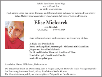 Traueranzeige von Elise Mielcarek von vrm-trauer