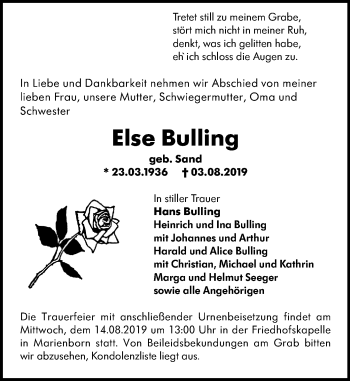 Traueranzeige von Else Bulling von vrm-trauer