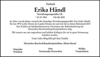 Traueranzeige von Erika Händl von vrm-trauer