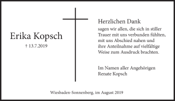 Traueranzeige von Erika Kopsch von vrm-trauer